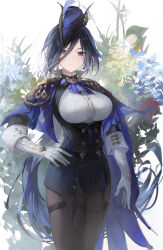Rule 34 | 1girl, absurdres, black hair, blue cape, blue hair, blue hat, breasts, cape, clorinde (genshin impact), corset, earrings, genshin impact, gloves, hand on own hip, hat, hat feather, highres, jewelry, large breasts, long hair, looking at viewer, medium hair, purple eyes, solo, tricorne, vision (genshin impact), white gloves, yonesdraws