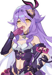 Rule 34 | 1girl, absurdres, bare shoulders, breasts, brown eyes, commentary request, fang, gloves, hair between eyes, hair flaps, hand on own hip, hand up, highres, honkai (series), honkai impact 3rd, long hair, medium breasts, mouth pull, navel, pink gloves, purple hair, simple background, sirin, sirin (miracle magical girl), solo, very long hair, white background, xinliu asato