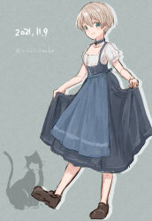 Rule 34 | 1girl, apron, blouse, blue eyes, cat, dated, dirndl, dress, full body, german clothes, grey background, highres, kantai collection, official alternate costume, one-hour drawing challenge, pinafore dress, puffy short sleeves, puffy sleeves, shirt, short hair, short sleeves, silver hair, simple background, skirt, skirt hold, sleeveless dress, solo, unsinkable sam, waist apron, wss (nicoseiga19993411), z1 leberecht maass (kancolle)