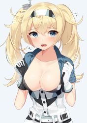 Rule 34 | 1girl, akagi kurage, blonde hair, blue eyes, breasts, cleavage, flying sweatdrops, gambier bay (kancolle), gloves, highres, kantai collection, large breasts, long hair, looking at viewer, open clothes, open mouth, simple background, solo, twintails, upper body, white background, white gloves