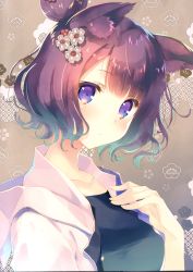 Rule 34 | 1girl, absurdres, animal ear fluff, animal ears, black shirt, blue eyes, cat ears, closed mouth, collarbone, fate/grand order, fate (series), fingernails, hair bun, hair ornament, hand on own chest, hand up, head tilt, highres, hood, hood down, hooded jacket, jacket, katsushika hokusai (fate), katsushika hokusai (traveling outfit) (fate), looking at viewer, mitsumi misato, official alternate costume, open clothes, open jacket, purple hair, scan, shirt, short hair, simple background, single hair bun, solo, upper body, white jacket