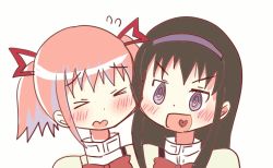 Rule 34 | &gt; &lt;, 10s, 2girls, :d, akemi homura, animated, animated gif, black hair, blush, bow, cheek-to-cheek, closed eyes, hair ribbon, hairband, heads together, heart, heart in mouth, kaname madoka, long hair, mahou shoujo madoka magica, mahou shoujo madoka magica (anime), multiple girls, nie no, open mouth, pink hair, purple eyes, ribbon, school uniform, short hair, short twintails, simple background, smile, twintails, ugoira, white background, yuri