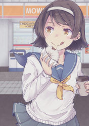 Rule 34 | 10s, 1girl, :q, baozi, black hair, brown eyes, coffee cup, commentary request, convenience store, cup, disposable cup, eating, food, hairband, highres, kantai collection, long sleeves, neckerchief, pleated skirt, sailor collar, school uniform, serafuku, shikajima shika, shop, short hair, skirt, solo, sweater, tanikaze (kancolle), tongue, tongue out, upper body