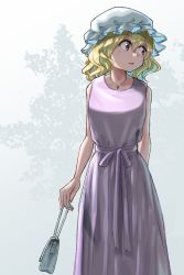 Rule 34 | 1girl, 5alive, bag, blonde hair, commentary request, dress, hair between eyes, handbag, hat, highres, jewelry, lavender dress, looking to the side, maribel hearn, mob cap, necklace, purple eyes, short hair, sleeveless, sleeveless dress, solo, standing, touhou, wavy hair
