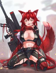 Rule 34 | 1girl, :d, absurdres, animal ear fluff, animal ears, antenna hair, anti-materiel rifle, belt, black belt, black footwear, black gloves, black jacket, black pants, blush, breasts, bullpup, cleavage, commentary, cropped jacket, crossed bangs, crotch plate, fangs, fingerless gloves, fox shadow puppet, full body, gloves, goddess of victory: nikke, gun, hair between eyes, highres, hip vent, holding, holding gun, holding weapon, holster, jacket, jacket partially removed, kemonomimi mode, kneeling, large breasts, leather, leather jacket, leather pants, long hair, long sleeves, looking at viewer, matsel arts, midriff, navel, open mouth, pants, red hair, red hood (nikke), red jacket, red scarf, rifle, scarf, shadow, sidelocks, signature, smile, sniper rifle, solo, suspenders, tail, teeth, thigh holster, unzipped, upper teeth only, very long hair, weapon, wolf ears, wolf girl, wolf tail, yellow eyes