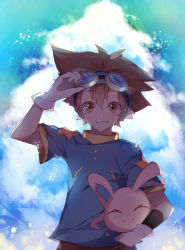 Rule 34 | 1boy, blue shirt, brown eyes, brown hair, digimon, digimon (creature), gloves, goggles, goggles on head, grin, hair between eyes, highres, himechui, koromon, looking at viewer, male focus, shirt, short hair, short sleeves, smile, solo, standing, upper body, white gloves, yagami taichi