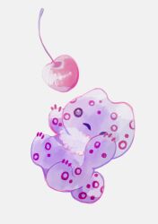 Rule 34 | animal focus, arms up, cherry, claws, commentary, expressionless, food, fruit, full body, furdot (livly island), grey background, li04r, livly island, no humans, o o, polka dot, simple background, solo