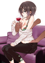 Rule 34 | 1girl, alcohol, bad id, bad pixiv id, bare shoulders, black hair, bra, grabbing another&#039;s breast, breasts, cleavage, closed mouth, collarbone, couch, cup, dark-skinned male, dark skin, disembodied hand, drinking glass, eyelashes, frown, grabbing, grabbing from behind, green bra, groping, hige (hige2), highres, holding, holding cup, holding drinking glass, leggings, long sleeves, medium breasts, molestation, multigrope, multiple hands, nail polish, navel, off-shoulder, off-shoulder sweater, off shoulder, on couch, original, pillow, pink nails, profile, purple eyes, short hair, simple background, sitting, sleeves past wrists, solo focus, sweat, sweater, underwear, white background, white sweater, wine, wine glass