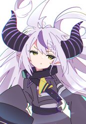 Rule 34 | 1girl, :o, ahoge, ascot, black horns, braid, hololive, horns, ixy, la+ darknesss, la+ darknesss (1st costume), long hair, multicolored hair, pointy ears, purple hair, simple background, sleeves past wrists, solo, streaked hair, striped horns, virtual youtuber, white background, white hair, yellow ascot, yellow eyes