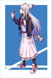 Rule 34 | 1girl, alternate costume, black jacket, black socks, blunt bangs, blush, bow, candy, casual, chromatic aberration, commentary, contemporary, food, fujiwara no mokou, full body, hair bow, hand up, highres, holding, holding candy, holding food, holding lollipop, jacket, kiliko-san, kneehighs, lollipop, long hair, long skirt, long sleeves, looking at viewer, neckerchief, open clothes, open jacket, parted lips, red eyes, red footwear, red neckerchief, sailor collar, shirt, shoes, sideways glance, skirt, sneakers, socks, solo, standing, touhou, very long hair, white bow, white hair, white sailor collar, white shirt, white skirt