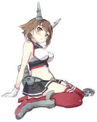 Rule 34 | 10s, 1girl, arm support, bare shoulders, blush, breasts, brown hair, gloves, green eyes, kanro ame (ameko), kantai collection, large breasts, midriff, miniskirt, mutsu (kancolle), navel, personification, short hair, simple background, sitting, skirt, solo, thighhighs, wariza, white background, zettai ryouiki