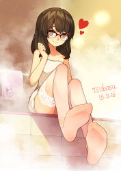 Rule 34 | 1girl, black eyes, black hair, feet, foot focus, glasses, heart, highres, lace, lace-trimmed legwear, lace trim, long hair, naked towel, no shoes, original, sauna, sitting, smile, soles, solo, thighhighs, toes, towel, tsubasa tsubasa, tsubasa tsubasa&#039;s glasses girl, white thighhighs