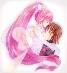 Rule 34 | 10s, 1boy, 1girl, aino megumi, bow, brown hair, closed eyes, couple, cure lovely, cure lovely (innocent form), doroshii, earrings, elbow gloves, gloves, hair bow, happinesscharge precure!, heart, heart earrings, hetero, hug, innocent form (happinesscharge precure!), jewelry, long hair, low-tied long hair, pink hair, ponytail, precure, sagara seiji, white background, white bow, white gloves, wide-eyed, wide ponytail