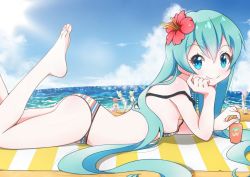 Rule 34 | 1boy, 4girls, aqua eyes, aqua hair, ass, barefoot, beach, bikini, breasts, cloud, day, feet, flower, from side, fuusen neko, hair flower, hair ornament, hatsune miku, hibiscus, kagamine len, kagamine rin, long hair, looking at viewer, lotion, lying, megurine luka, meiko (vocaloid), multicolored bikini, multicolored clothes, multiple girls, no nose, ocean, on stomach, outdoors, sky, small breasts, smile, strap slip, striped bikini, striped clothes, sunscreen, swimsuit, the pose, toes, very long hair, vocaloid, water