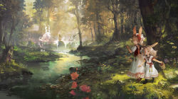 Rule 34 | 2girls, animal ears, basket, boots, brown hair, chibi (shimon), dress, flower, forest, headdress, long hair, looking at another, looking back, multiple girls, nature, open mouth, original, outdoors, pointing, puffy short sleeves, puffy sleeves, red eyes, river, sash, scenery, short sleeves, tree, walking, water, waterfall