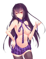 Rule 34 | 1girl, alternate costume, backless dress, backless outfit, bare arms, bare shoulders, breasts, dress, fate/grand order, fate (series), fingernails, hair between eyes, hand on own hip, hand up, large breasts, long hair, meme attire, no bra, parted lips, purple dress, purple hair, purple sweater, red eyes, ribbed sweater, scathach (fate), simple background, smile, solo, striped clothes, striped dress, sweatdrop, sweater, sweater dress, turtleneck, turtleneck sweater, vertical-striped clothes, vertical-striped dress, very long hair, virgin killer sweater, wardrobe error, white background, xion32