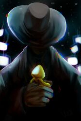 Rule 34 | 1boy, 1girl, captivity, captured, formal, hat, highres, holding, hood, hood up, jacket, little nightmares, little nightmares ii, raincoat, six (little nightmares), size difference, static, suit, television, thin man (little nightmares), top hat, vibecity7, yellow jacket, yellow raincoat