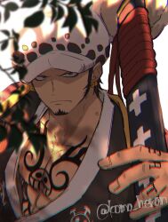 Rule 34 | 1boy, artist name, black hair, black kimono, blurry, blurry foreground, branch, chest tattoo, chromatic aberration, closed mouth, collarbone, commentary request, earrings, facial hair, finger tattoo, frown, fur hat, goatee, grey eyes, hand up, hat, highres, holding, holding sword, holding weapon, japanese clothes, jewelry, kimono, koma heron, looking at viewer, male focus, one piece, pectorals, red ribbon, ribbon, serious, short hair, sideburns, simple background, solo, sword, tattoo, trafalgar law, twitter username, upper body, v-shaped eyebrows, weapon, white background, white hat