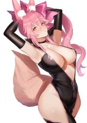 Rule 34 | 1girl, absurdres, afpl (parrotz4), animal ear fluff, animal ears, areola slip, armpits, arms behind head, arms up, bare shoulders, black bodysuit, black choker, black gloves, blush, bodysuit, bow, breasts, center opening, choker, cleavage, collarbone, covered erect nipples, elbow gloves, fate/grand order, fate (series), fox ears, fox girl, fox tail, glasses, gloves, hair between eyes, hair bow, highres, hip vent, koyanskaya (assassin) (first ascension) (fate), koyanskaya (fate), large breasts, long hair, looking at viewer, pink bow, pink hair, ponytail, sidelocks, sleeveless, solo, tail, tamamo (fate), thighs, yellow eyes