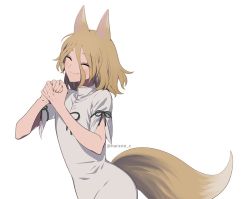 Rule 34 | 1girl, animal ears, arm garter, banned artist, blonde hair, blush, closed mouth, commentary request, dress, eyelashes, fang, fang out, fingernails, flat chest, fox ears, fox tail, green ribbon, hair between eyes, harano, kudamaki tsukasa, own hands clasped, own hands together, ribbon, romper, short hair, short sleeves, simple background, smile, solo, standing, tail, touhou, twitter username, upper body, white background, white dress