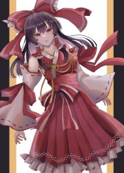 Rule 34 | 1girl, black hair, bow, collarbone, commentary, cowboy shot, detached sleeves, erisauria, frilled bow, frilled hair tubes, frilled skirt, frills, hair bow, hair tubes, hakurei reimu, highres, long hair, looking at viewer, parted lips, red bow, red eyes, red skirt, red vest, ribbon, ribbon-trimmed sleeves, ribbon trim, sarashi, sidelocks, skirt, skirt set, solo, touhou, vest, white sleeves, wide sleeves, yellow ribbon