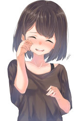 Rule 34 | +++, 1girl, :d, ^ ^, arm up, blush, brown hair, brown shirt, closed eyes, collarbone, commentary request, crying, facing viewer, fingernails, head tilt, nose blush, open mouth, original, shirt, short sleeves, simple background, smile, solo, tears, teeth, upper body, upper teeth only, white background, wiping tears, yuki arare