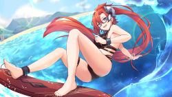 Rule 34 | 1girl, :d, absurdres, altheavin, barefoot, bikini, black bikini, blue eyes, blurry, blurry background, bracelet, cameltoe, floating hair, glasses, hair between eyes, highres, jewelry, labyrista, lens flare, long hair, multi-strapped bikini, ocean, open mouth, ponytail, princess connect!, red hair, semi-rimless eyewear, smile, solo, summer, surfboard, swimsuit, thigh strap, under-rim eyewear, very long hair