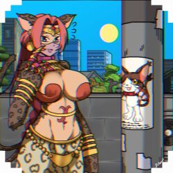 Rule 34 | 1girl, anaglyph, animal ears, bastemon, breasts, cat ears, cat girl, dclaret, digimon, large breasts, long hair, mask, mikemon, monster girl, outdoors, sticker, tail