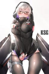 Rule 34 | 1girl, arm across chest, arm between breasts, bad id, bad pixiv id, black jacket, blush, character name, covered erect nipples, cowboy shot, fingerless gloves, frown, girls&#039; frontline, glasses, gloves, grey eyes, half-closed eyes, highres, hood, hoodie, jacket, jacket tug, ksg (girls&#039; frontline), long hair, looking at viewer, nine (kanine41), pantyhose, rigging, shield, shield module, sidelocks, skindentation, solo, sunglasses, thigh strap, white hair