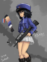 Rule 34 | 10s, 1girl, andou (girls und panzer), artist name, assault rifle, bc freedom (emblem), bc freedom military uniform, black footwear, black hair, blue hat, blue jacket, blue vest, blurry, boots, brown eyes, bullpup, closed mouth, color guide, commentary, dark-skinned female, dark skin, dated, dress shirt, emblem, famas, french flag, frown, girls und panzer, grey background, gun, hat, high collar, highres, holding, holding gun, holding weapon, jacket, knee boots, long sleeves, looking at viewer, medium hair, military, military hat, military uniform, miniskirt, pleated skirt, rifle, shako cap, shirt, signature, skirt, solo, standing, tacch, uniform, vest, weapon, white shirt, white skirt