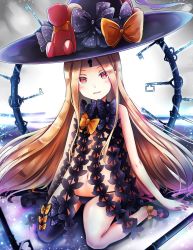 Rule 34 | 1girl, abigail williams (fate), abigail williams (second ascension) (fate), black bow, black footwear, black hat, black panties, black thighhighs, blonde hair, blush, bow, commentary request, fate/grand order, fate (series), full body, hat, highres, key, keyhole, long hair, looking at viewer, navel, orange bow, panties, parted bangs, parted lips, polka dot, polka dot bow, red eyes, renka (cloudsaikou), revealing clothes, shoes, single thighhigh, sitting, smile, solo, stuffed animal, stuffed toy, teddy bear, thighhighs, topless, underwear, very long hair, wariza, witch hat
