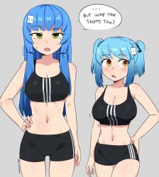 Rule 34 | 2girls, absurdres, artist name, blue hair, breasts, character request, cleavage, english text, green eyes, hand on own hip, highres, large breasts, legs, long hair, looking at viewer, medium support (meme), meme, midriff, multiple girls, navel, navel piercing, open mouth, peps art, piercing, short hair, shorts, sports bra, thighs, thong, twintails, yellow eyes