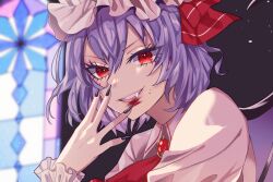 Rule 34 | 1girl, black nails, blood, blood on face, fang, fingernails, hat, highres, long sleeves, mob cap, neckerchief, purple hair, purple hat, red eyes, red neckerchief, remilia scarlet, sharp fingernails, shirt, short hair, solo, stained glass, touhou, white shirt, yumeniku