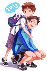 Rule 34 | 10s, 2013, 2boys, backpack, bag, brown eyes, brown hair, cat, child, fangs, full body, genda, hug, hug from behind, jacket, male focus, multiple boys, new year, open mouth, original, shoes, short hair, shorts, smile, sneakers, speech bubble, white background