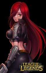 Rule 34 | 1girl, bad id, bad twitter id, black background, black eyes, breasts, copyright name, cowboy shot, from side, g.t, hair over one eye, katarina (league of legends), knife, league of legends, leather, leather pants, long hair, midriff, pants, red hair, scar, scar across eye, scar on face, short sleeves, simple background, solo, vambraces, very long hair