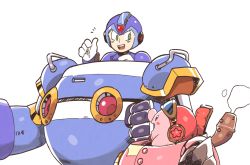 Rule 34 | 1boy, :d, android, blue eyes, blush stickers, capcom, clenched hand, crossover, gloves, green eyes, helmet, inkerton-kun, kirby, kirby: planet robobot, kirby (series), mecha, mega man (series), x (mega man), mega man x (series), nintendo, non-humanoid robot, open mouth, ride armor, robobot armor, robot, rockman x (character), smile, teeth, thumbs up, trait connection, walker (robot), white background, white gloves