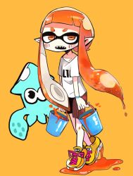 Rule 34 | 1girl, animal, bike shorts, blush, bucket, fangs, holding, inkling, inkling girl, inkling player character, long hair, monster girl, nintendo, open mouth, orange background, orange hair, paint, paint can, pointy ears, sharp teeth, shirt, shoes, short sleeves, simple background, sneakers, solo, splatoon (series), splatoon 1, squid, teeth, tentacle hair, terada tera, white shirt, wristband