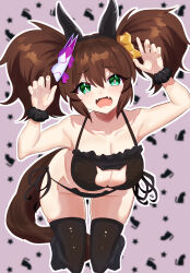 Rule 34 | 1girl, absurdres, animal ears, black bra, black panties, black scrunchie, black thighhighs, blush, bra, brown hair, cat lingerie, commentary request, ear covers, fang, fox mask, green eyes, hair ribbon, hakurogi, highres, horse ears, horse girl, horse tail, inari one (umamusume), leaning forward, looking at viewer, mask, mask on head, meme attire, open mouth, outline, panties, patterned background, ribbon, scrunchie, side-tie panties, skin fang, solo, tail, thighhighs, twintails, umamusume, underwear, white outline, yellow ribbon