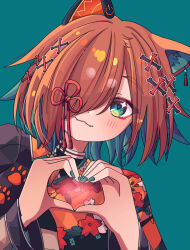 Rule 34 | 1girl, :3, absurdres, animal ears, aqua eyes, aqua hair, aqua nails, blush, bone hair ornament, colored inner hair, dog ears, dog girl, earrings, fangs, floral print, hair ornament, hair over one eye, hair ribbon, heart, heart hands, highres, japanese clothes, jewelry, long sleeves, looking at viewer, mifflue, miyoshino shiki, multicolored hair, nail polish, one eye covered, orange hair, orange shirt, paw print, paw print pattern, prism project, prosthetic ear, ribbon, see-through, see-through sleeves, shirt, smile, solo, sparkling eyes, two-tone hair, upper body, virtual youtuber
