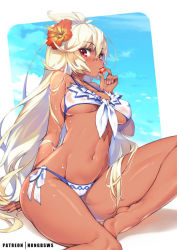 Rule 34 | 1girl, ahoge, arm at side, arm support, bare legs, barefoot, bikini, breasts, dark-skinned female, dark skin, flower, food, front-tie bikini top, front-tie top, fruit, granblue fantasy, hair between eyes, hair flower, hair ornament, hand up, hibiscus, hong (white spider), large breasts, lips, long hair, looking at viewer, mouth hold, nail polish, navel, outside border, patreon username, red eyes, side-tie bikini bottom, sitting, solo, strawberry, swimsuit, thighs, underboob, very long hair, wet, wet clothes, wet swimsuit, white bikini, white hair, wide hips, yokozuwari, zooey (granblue fantasy), zooey (summer) (granblue fantasy)