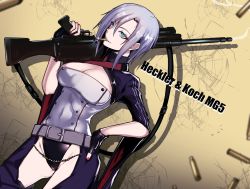 Rule 34 | ass, ass cutout, blue eyes, breasts, bullet, chain, chaps, cleavage, cleavage cutout, clothing cutout, crotch cutout, dutch angle, girls&#039; frontline, gluteal fold, gun, hand on own hip, head tilt, heckler &amp; koch, highres, leotard, looking at viewer, machine gun, mg5 (girls&#039; frontline), mouth hold, nail polish, revealing clothes, ryuu tou, shell casing, short hair, silver hair, slit pupils, smile, weapon