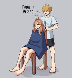 Rule 34 | 1boy, 1girl, absurdres, aneurysm ax, barefoot, black shorts, blanket, brown hair, chainsaw man, cross-shaped pupils, cutting hair, damn i messed up we gotta go bald (meme), denji (chainsaw man), grey background, grey shirt, hair over one eye, highres, horns, long hair, looking at another, looking to the side, meme, power (chainsaw man), red horns, scissors, shirt, short hair, shorts, simple background, sitting, standing, symbol-shaped pupils, yellow eyes