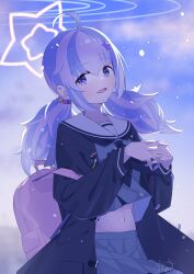 Rule 34 | 1girl, absurdres, ahoge, black jacket, black neckerchief, blue archive, blue hair, blurry, blurry background, blush, cloud, cloudy sky, cowboy shot, falling petals, fukujin, grey shirt, grey skirt, hair bobbles, hair ornament, halo, highres, interlocked fingers, jacket, long hair, long sleeves, looking at viewer, low twintails, midriff peek, multicolored hair, navel, neckerchief, open clothes, open jacket, open mouth, outdoors, own hands together, petals, pink bag, pink hair, pink halo, pleated skirt, purple eyes, reisa (blue archive), sailor collar, shirt, sidelocks, skirt, sky, solo, standing, star (symbol), star hair ornament, twintails, white sailor collar