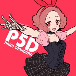 Rule 34 | 1girl, :d, acronym, artist name, blush, brown eyes, brown hair, character name, choker, commentary request, copyright name, corset, do m kaeru, fishnet gloves, fishnets, gloves, hair ribbon, okumura haru, open mouth, persona, persona 5, persona 5: dancing star night, persona dancing, plaid, plaid skirt, ribbon, short hair, skirt, smile, solo, upper body