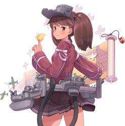 Rule 34 | 1girl, aircraft, airplane, bad id, bad pixiv id, black skirt, brown hair, cannon, closed mouth, commission, cowboy shot, fireball, highres, japanese clothes, kantai collection, kariginu, long hair, long sleeves, looking at viewer, osananajimi neko, pleated skirt, ryuujou (kancolle), ryuujou kai ni (kancolle), scroll, simple background, skirt, solo, twintails, visor cap, white background