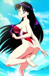 Rule 34 | 1girl, :d, absurdres, ass, bare arms, bare legs, bare shoulders, barefoot, bishoujo senshi sailor moon, black hair, blush, breasts, closed mouth, danmakuman, day, from behind, highres, hino rei, large breasts, long hair, looking at viewer, looking back, ocean, one-piece swimsuit, one eye closed, open mouth, outdoors, purple eyes, red one-piece swimsuit, smile, soles, solo, standing, standing on one leg, strapless, swimsuit, toei animation, toes, tongue, tongue out, water