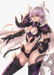 Rule 34 | 1girl, absurdres, ahoge, animal ears, atalanta (fate), atalanta alter (fate), belt collar, black thighhighs, braid, breasts, cat ears, cat tail, chain, claws, cleavage cutout, clothing cutout, collar, commentary request, doratama123, fate/grand order, fate (series), fur trim, gluteal fold, green eyes, hair between eyes, highres, long hair, looking at viewer, medium breasts, multicolored hair, navel, silver hair, simple background, solo, standing, tail, thighhighs