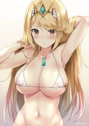 Rule 34 | 1girl, areola slip, arm up, armpits, bikini, blonde hair, blush, breasts, cleavage, closed mouth, glint, hairband, hand in own hair, highres, kaetzchen, large breasts, long hair, looking at viewer, mythra (xenoblade), navel, nintendo, nipples, see-through, simple background, skindentation, solo, swept bangs, swimsuit, xenoblade chronicles (series), xenoblade chronicles 2, yellow eyes