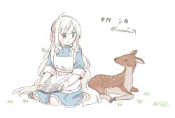 Rule 34 | 1girl, animal, animal name, apron, blue dress, blush stickers, book, buttons, closed mouth, collared dress, commentary, deer, dress, frilled apron, frilled dress, frills, full body, hairband, highres, kagerou project, kozakura marry, long hair, looking at animal, looking to the side, mandarin collar, numbered, on grass, open book, pink eyes, pink hairband, pink ribbon, ribbon, sa-fu (sfmk39), shirt, simple background, sitting, sleeves past elbows, smile, solo, translated, twitter username, wavy hair, white apron, white background, white hair, white shirt