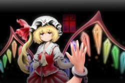 Rule 34 | 1girl, ascot, bad id, bad pixiv id, blonde hair, chain, cuffs, embodiment of scarlet devil, female focus, flandre scarlet, full moon, hand on mirror, hand on own chest, handcuffs, hat, hat ribbon, indoors, madenka, mirror, moon, red eyes, red moon, reflection, ribbon, sad, short hair, side ponytail, skirt, skirt set, sky, solo, touhou, window, wings